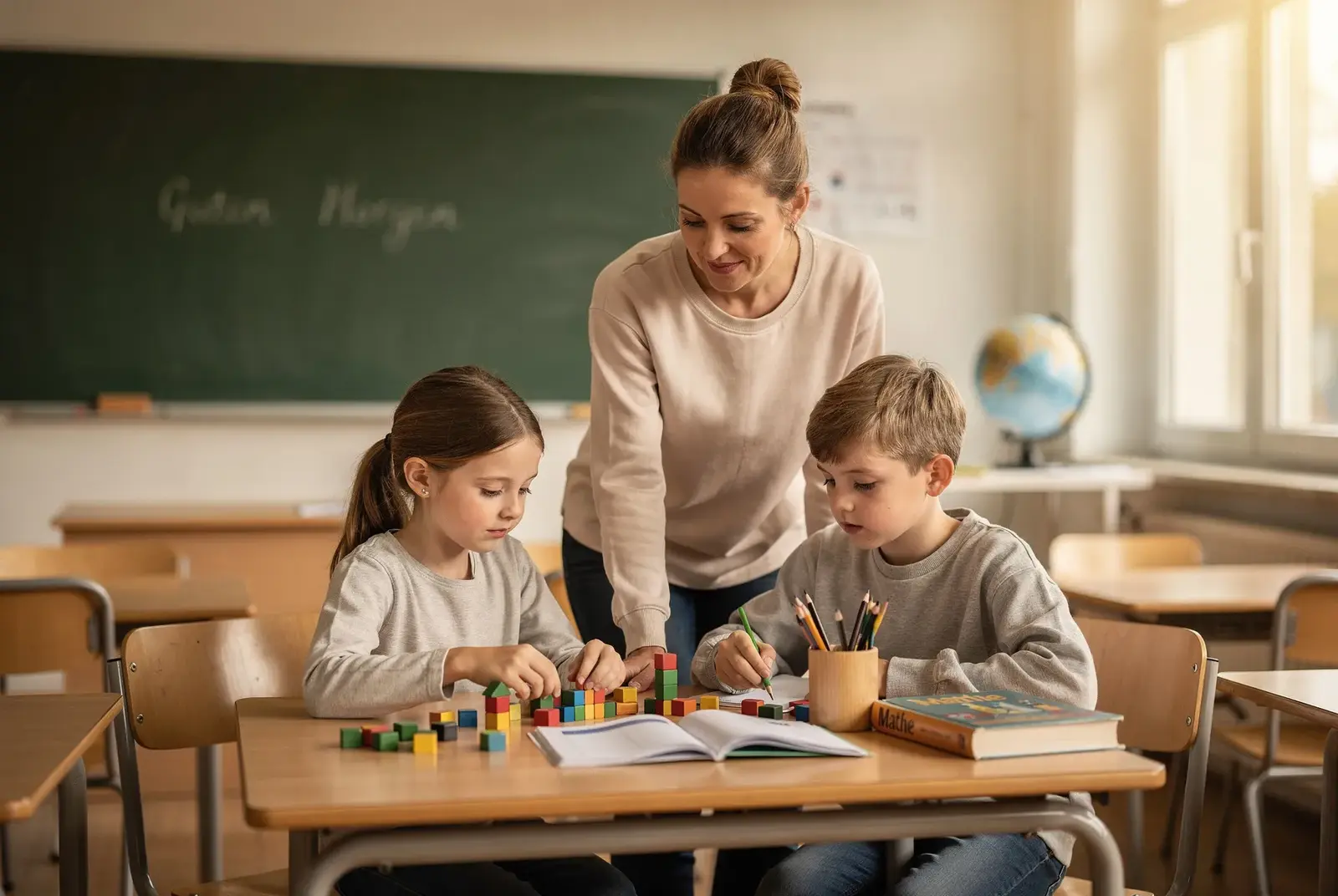 Helles Klassenzimmer im Tageslicht: ein Tisch mit Stiften, einem aufgeschlagenen Heft und einer Hand, die schreibt. Im Hintergrund unscharf eine Schultafel. Warm, konzentriert, ohne Gesichter.