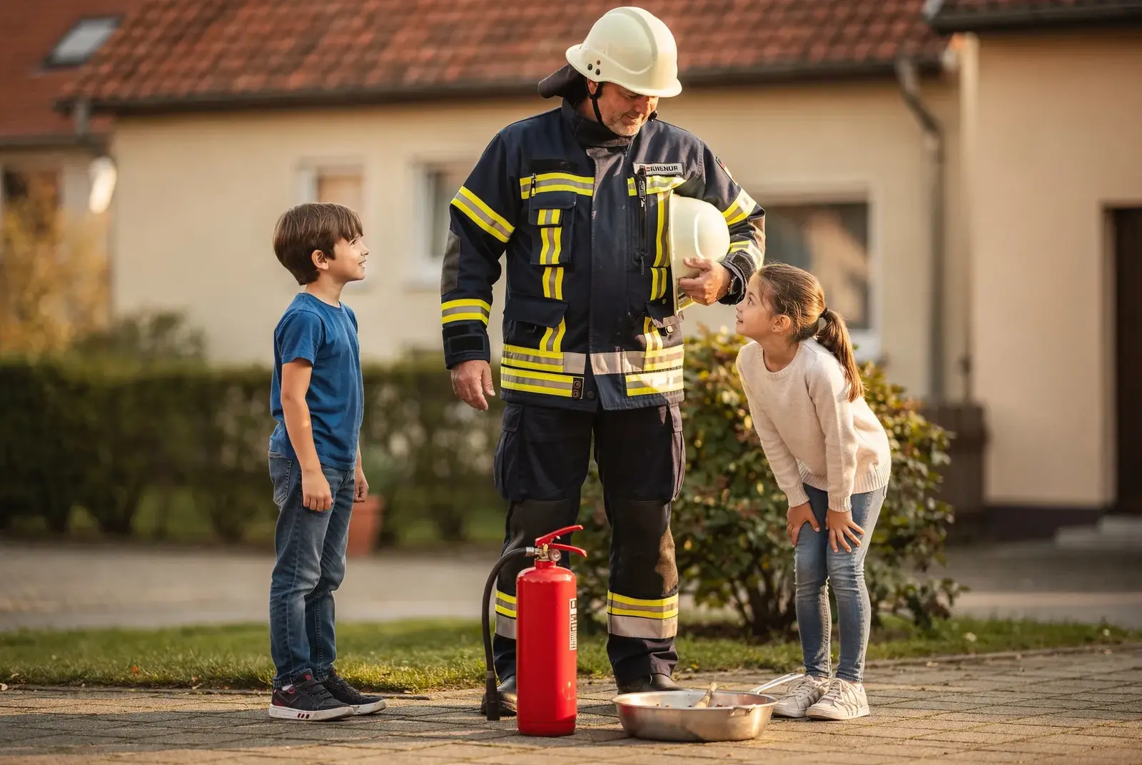Ein feuerroter Anhänger steht vor einer Grundschule, daneben Kinder in Schutzwesten, die unter Anleitung einer Feuerwehrfrau einen Feuerlöscher auf eine Spritzwand richten. Tageslicht, dokumentarischer Stil.