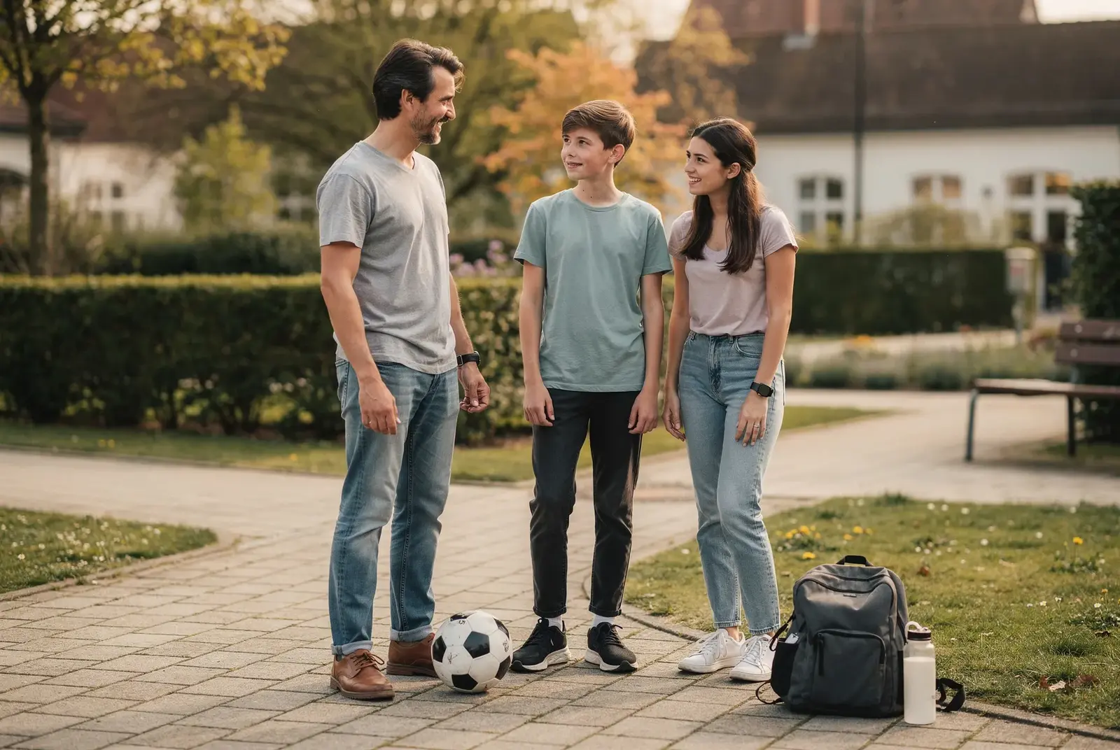 Gruppe von Kindern in Trainingskleidung auf einem Vereinsplatz, im Vordergrund ein erwachsener Trainer, der ihnen etwas erklärt. Warmes Nachmittagslicht, natürliche Szene, kein Marketing-Look.