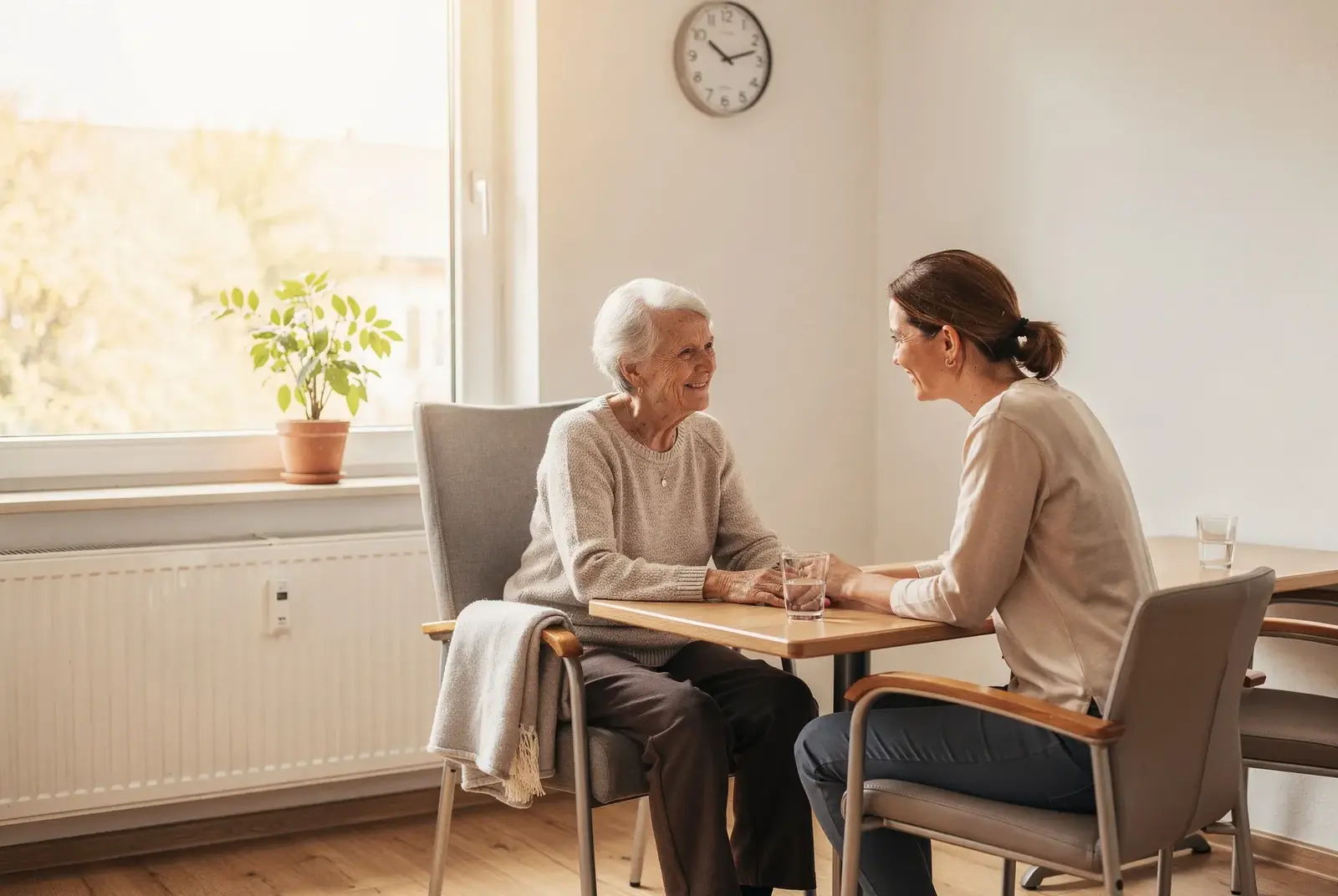 Ruhige Detailaufnahme im weichen Tageslicht: Ein kleiner Pkw mit dezenter Folierung steht vor einer Hospiz-Einrichtung, eine Pflegerin in Alltagskleidung schließt die Beifahrertür. Kein Pathos, würdevolle Stimmung.