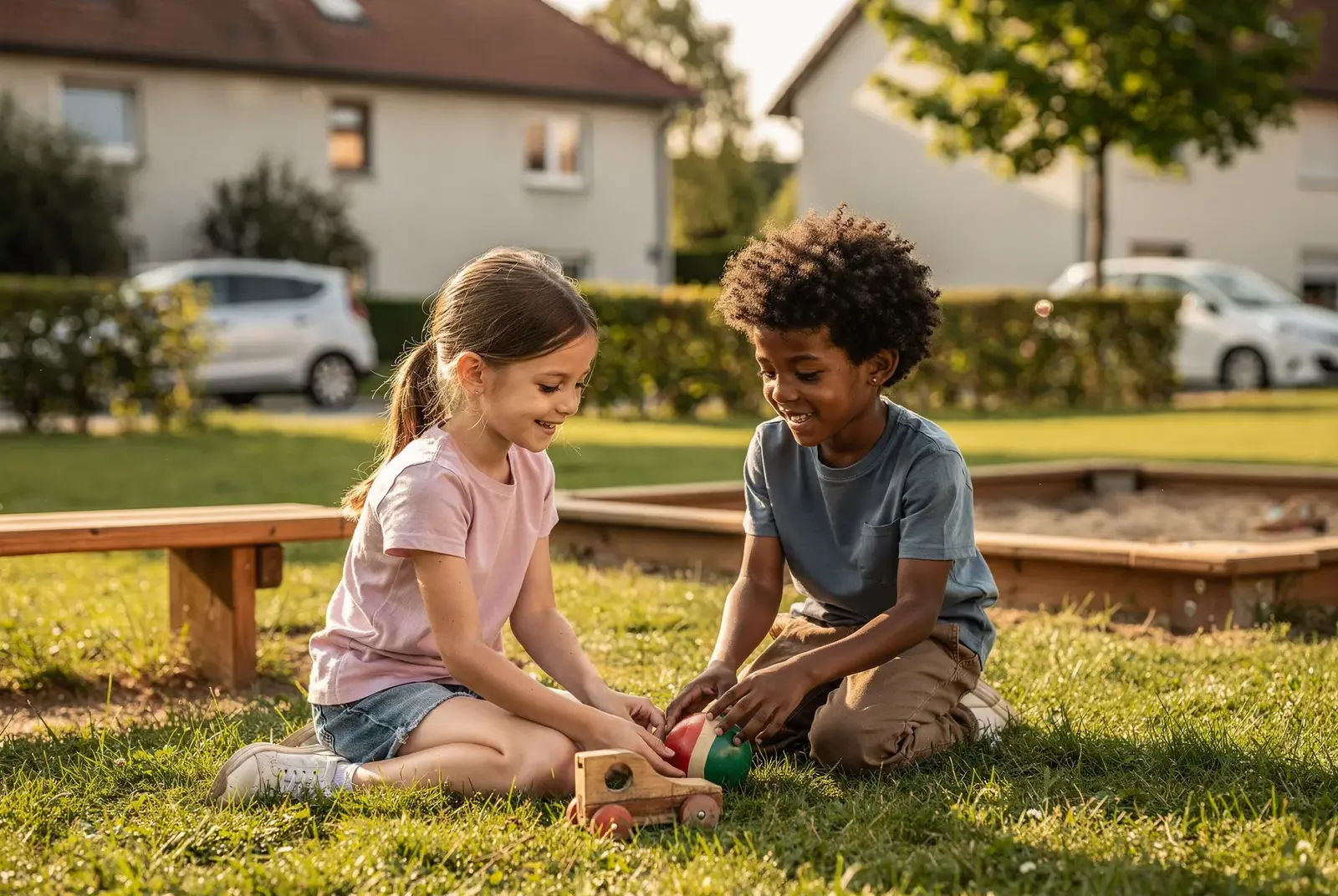 Kinder spielen auf einem hellen Platz in der Nachmittagssonne, Bewegung und Lachen. Aufnahme von schräg oben, keine Gesichter im Fokus, warme Lichtstimmung.