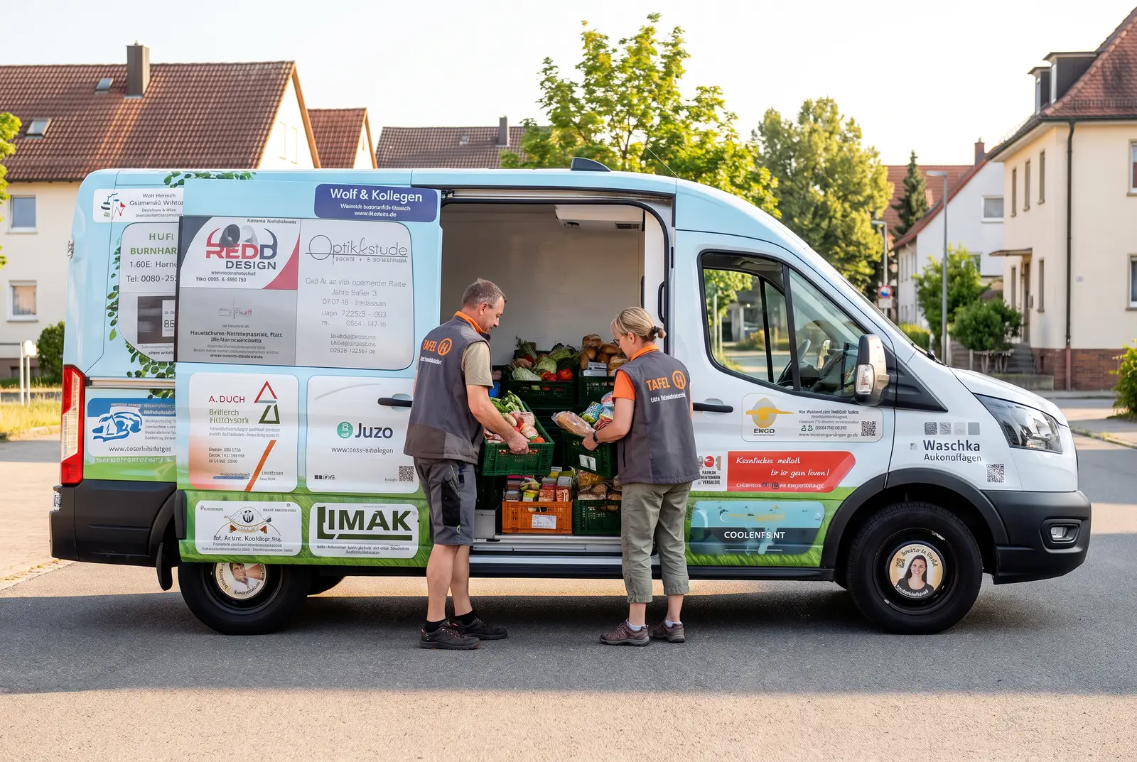 Tageslicht vor einem Supermarkt-Hinterhof: Ein weißer Kastenwagen mit offener Hecktür, in dem graue Mehrwegkisten mit Obst und Gemüse gestapelt sind. Zwei ehrenamtliche Helfer:innen in einfacher Arbeitskleidung beladen das Fahrzeug. Ruhige, dokumentarische Bildsprache.